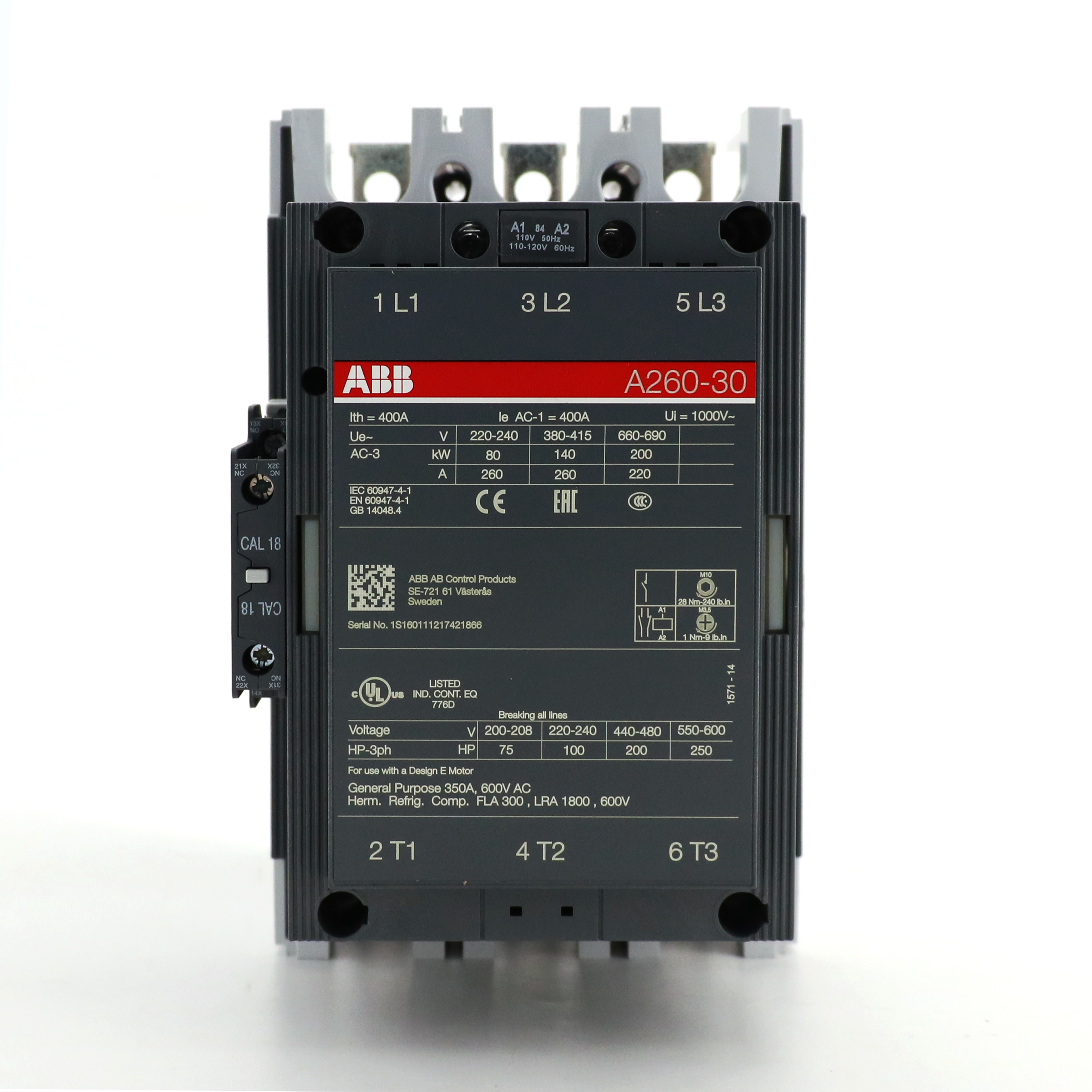 ABB A系列接触器 A260-30-11*110V 50Hz/110-120V 60Hz